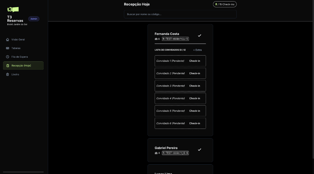 Tela de Recepção e Check-in
